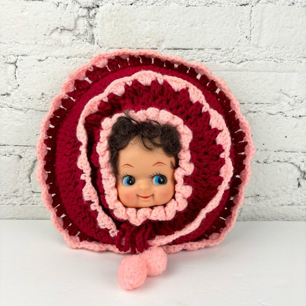Vintage Doll Face with Red and Pink Crochet Bonnet Pillow